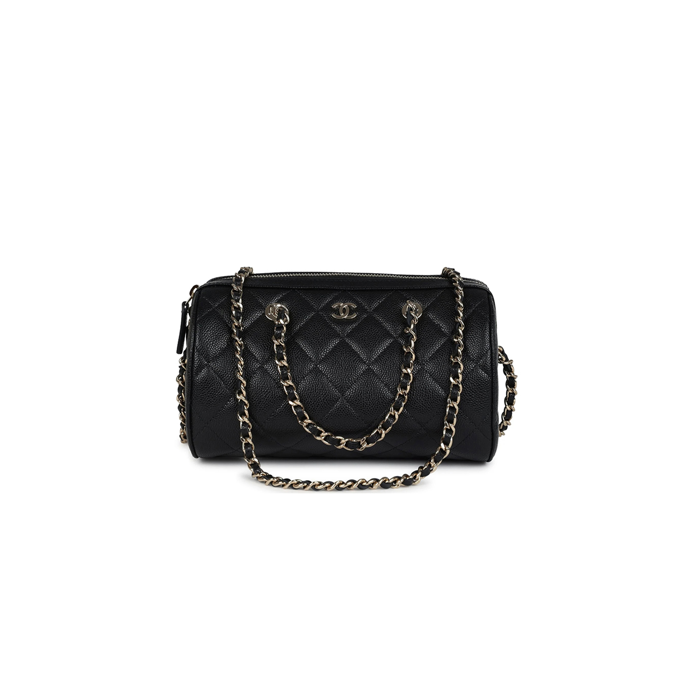 Ch*el mini timeless classic barrel bag with chain black shiny caviar light gold hardware as0932 (18*13*10cm)